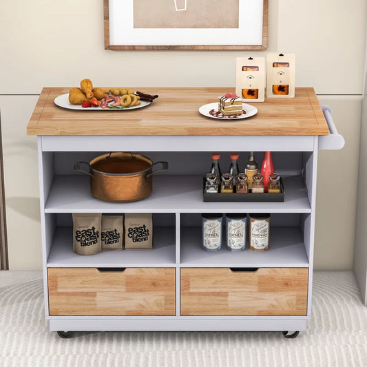 Kitchen Island Table: Mobile Cart with Drawers, Open Shelves & Butcher Block Top