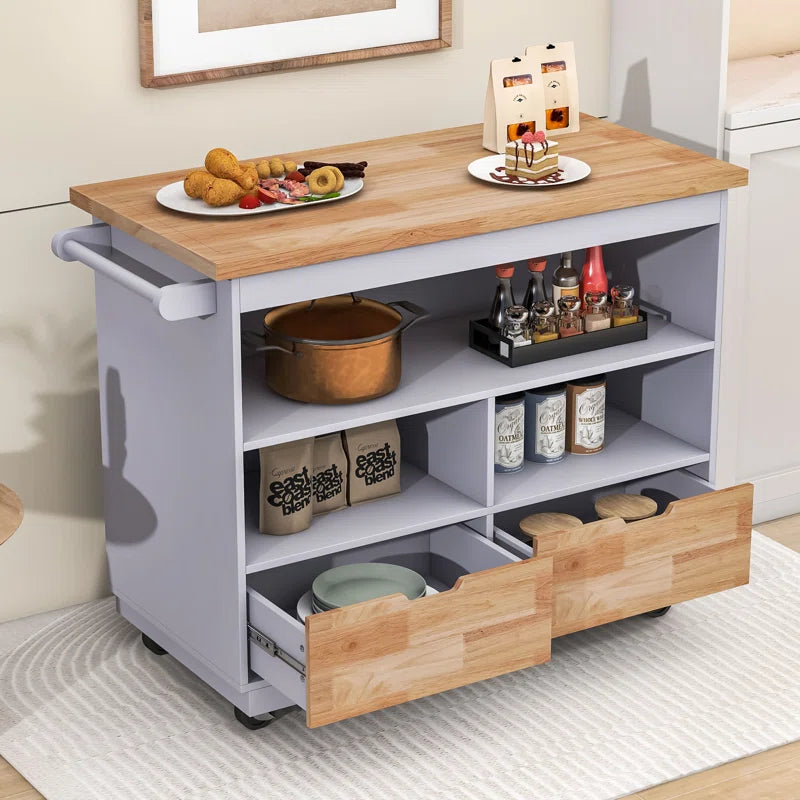 Kitchen Island Table: Mobile Cart with Drawers, Open Shelves & Butcher Block Top