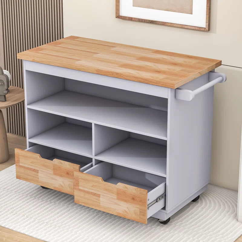 Kitchen Island Table: Mobile Cart with Drawers, Open Shelves & Butcher Block Top