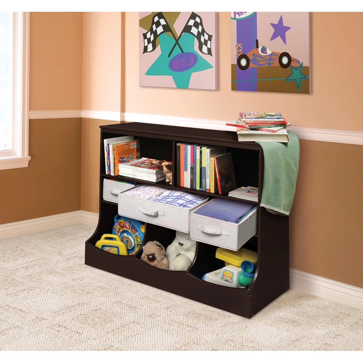 Kids Toy Storage Unit: Compact Wooden Organiser with Fabric Bins