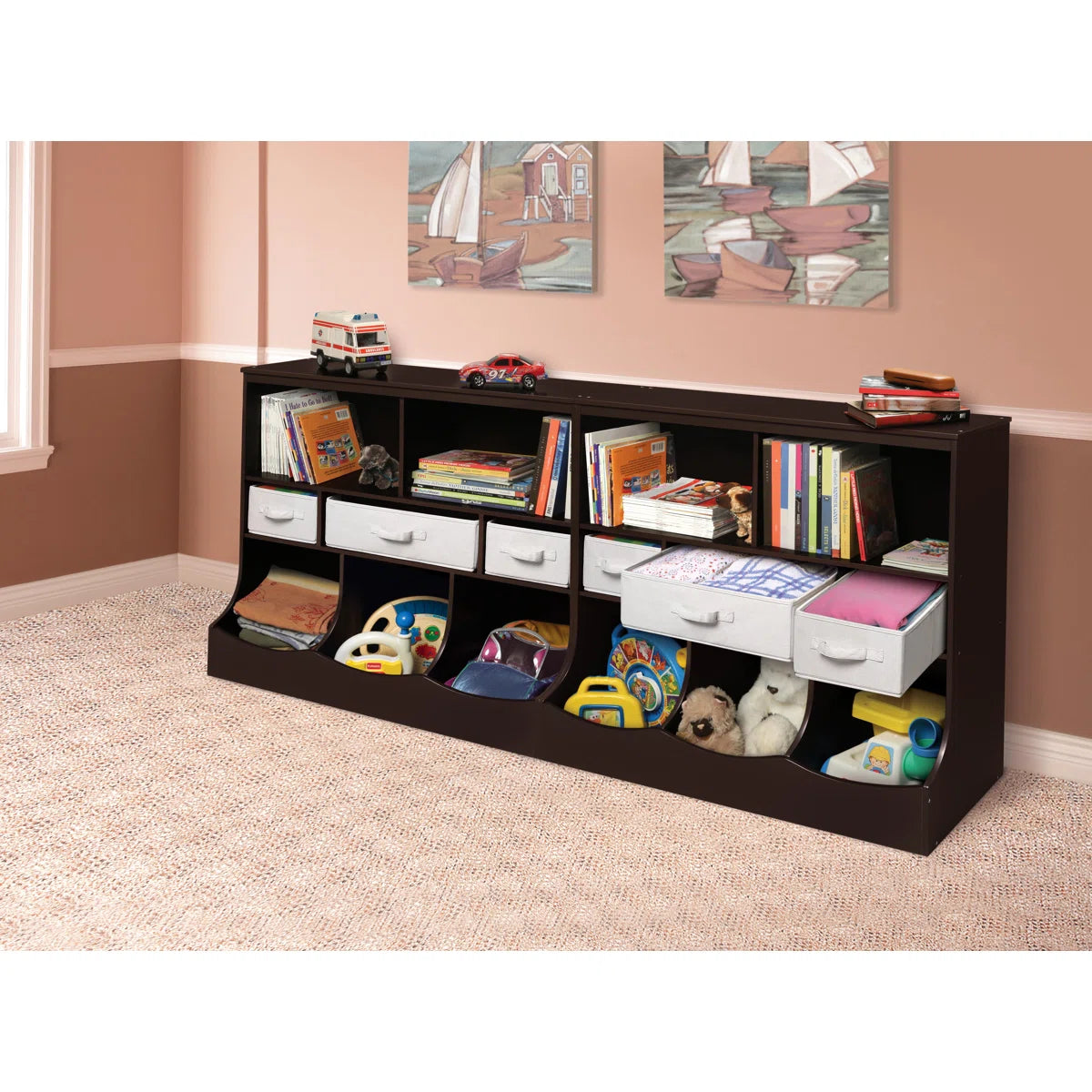 Kids Toy Storage Unit: Compact Wooden Organiser with Fabric Bins