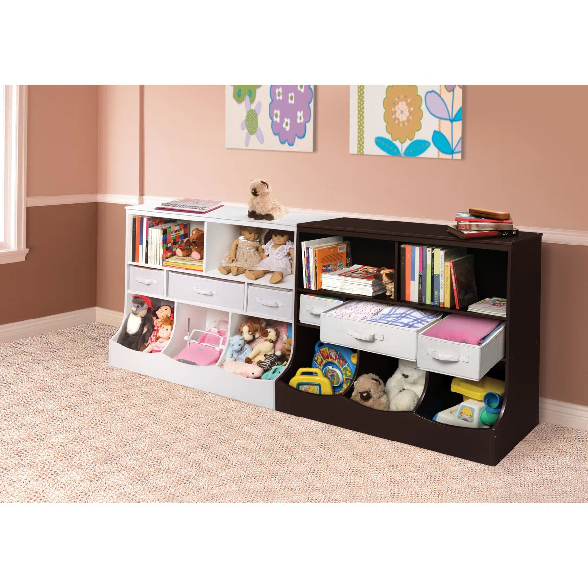 Kids Toy Storage Unit: Compact Wooden Organiser with Fabric Bins