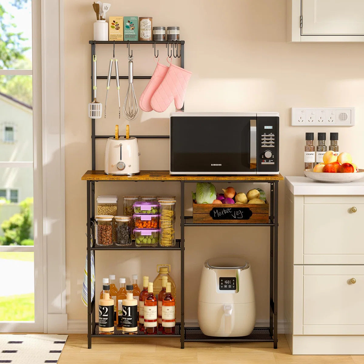 Kitchen Rack: Rustic Brown 6-Tier Coffee Bar Station, Kitchen Stand With 10 S Hooks, Microwave Stand With Adjustable Shelves, and Baker's Rack With Storage