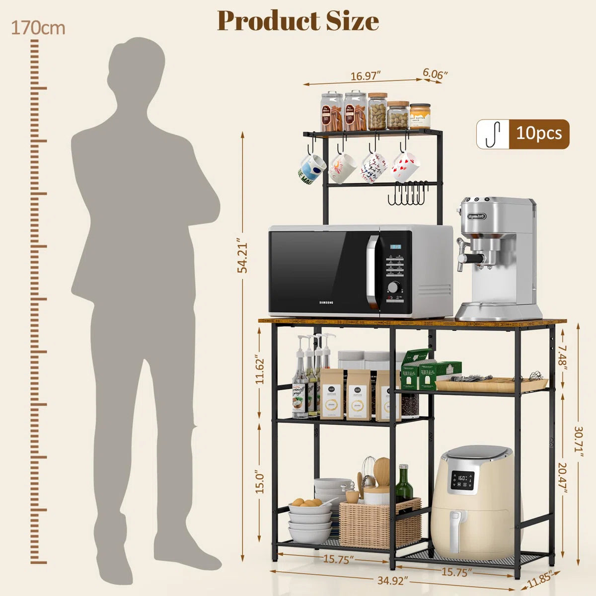 Kitchen Rack: Rustic Brown 6-Tier Coffee Bar Station, Kitchen Stand With 10 S Hooks, Microwave Stand With Adjustable Shelves, and Baker's Rack With Storage