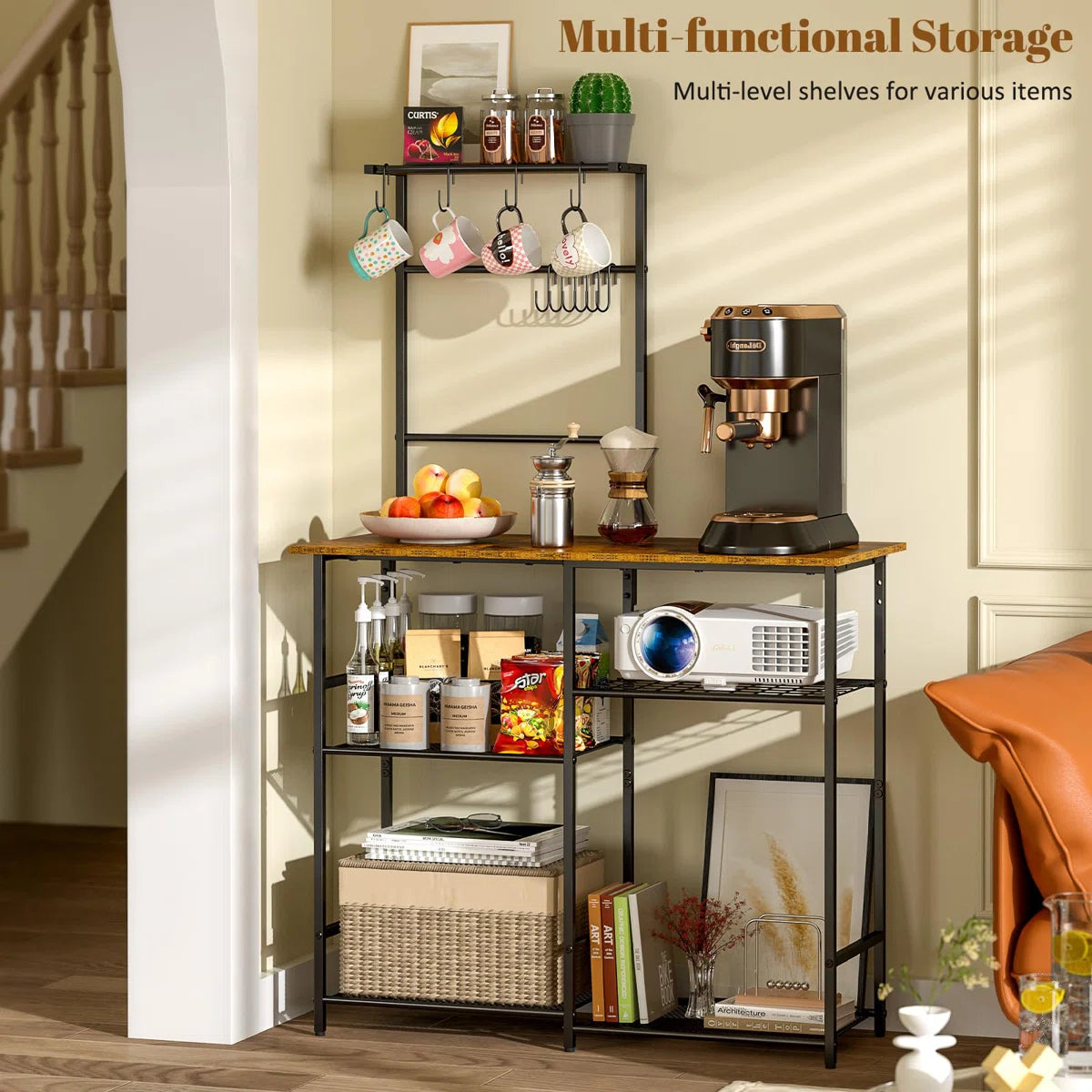 Kitchen Rack: Rustic Brown 6-Tier Coffee Bar Station, Kitchen Stand With 10 S Hooks, Microwave Stand With Adjustable Shelves, and Baker's Rack With Storage