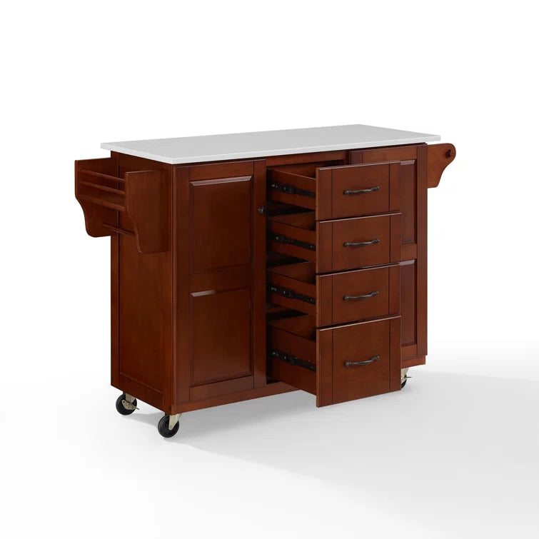Kitchen Island Table: 51.5'' Wide Mahogany Finish Cart with Granite Top, Drawers, Cabinets & Locking Wheels