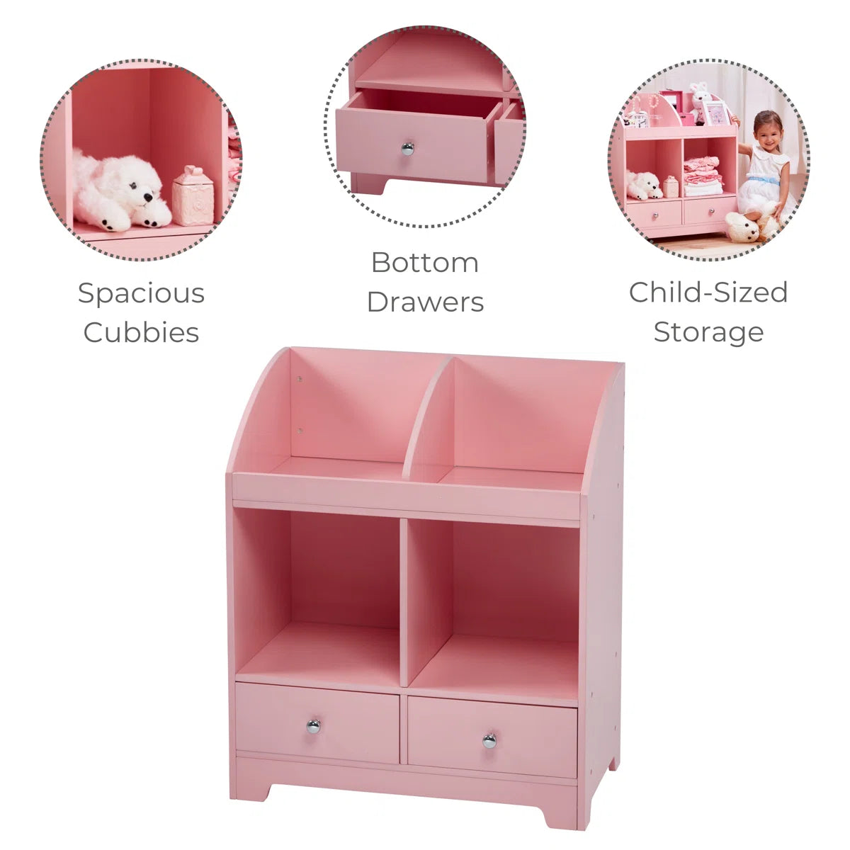 Kids Toy Storage Unit: 3-Tier Wooden Mixed Storage Cubby with Drawers – Pink
