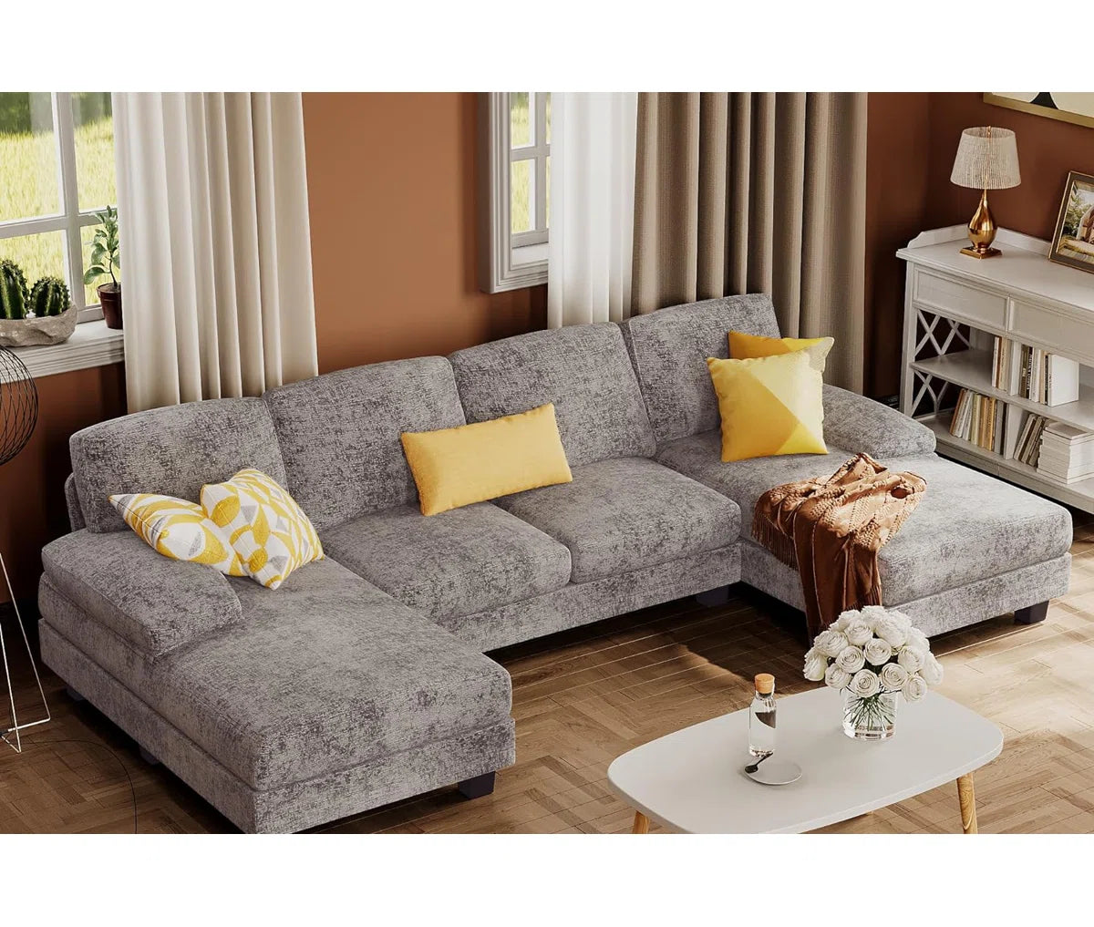 7 Seater Sofa Set: U Shaped Chenille Fabric Sectional Couch