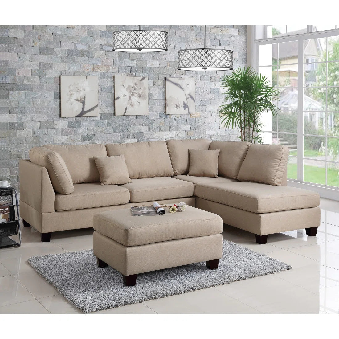 7 Seater Sofa Set: 3-Piece Modern Sectional with Reversible Chaise & Ottoman Fabric