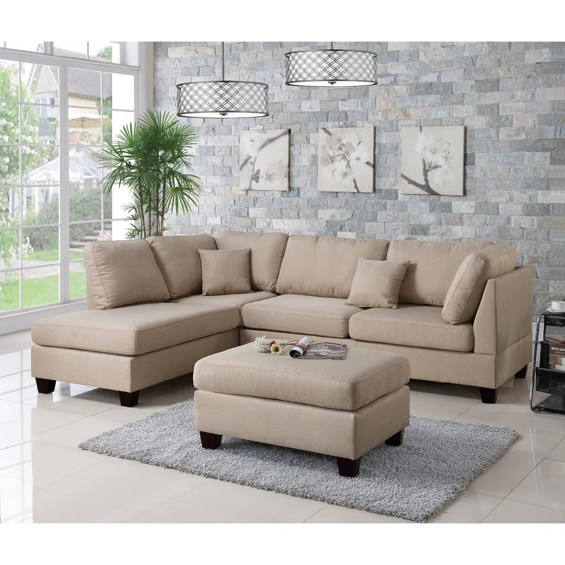 7 Seater Sofa Set: 3-Piece Modern Sectional with Reversible Chaise & Ottoman Fabric