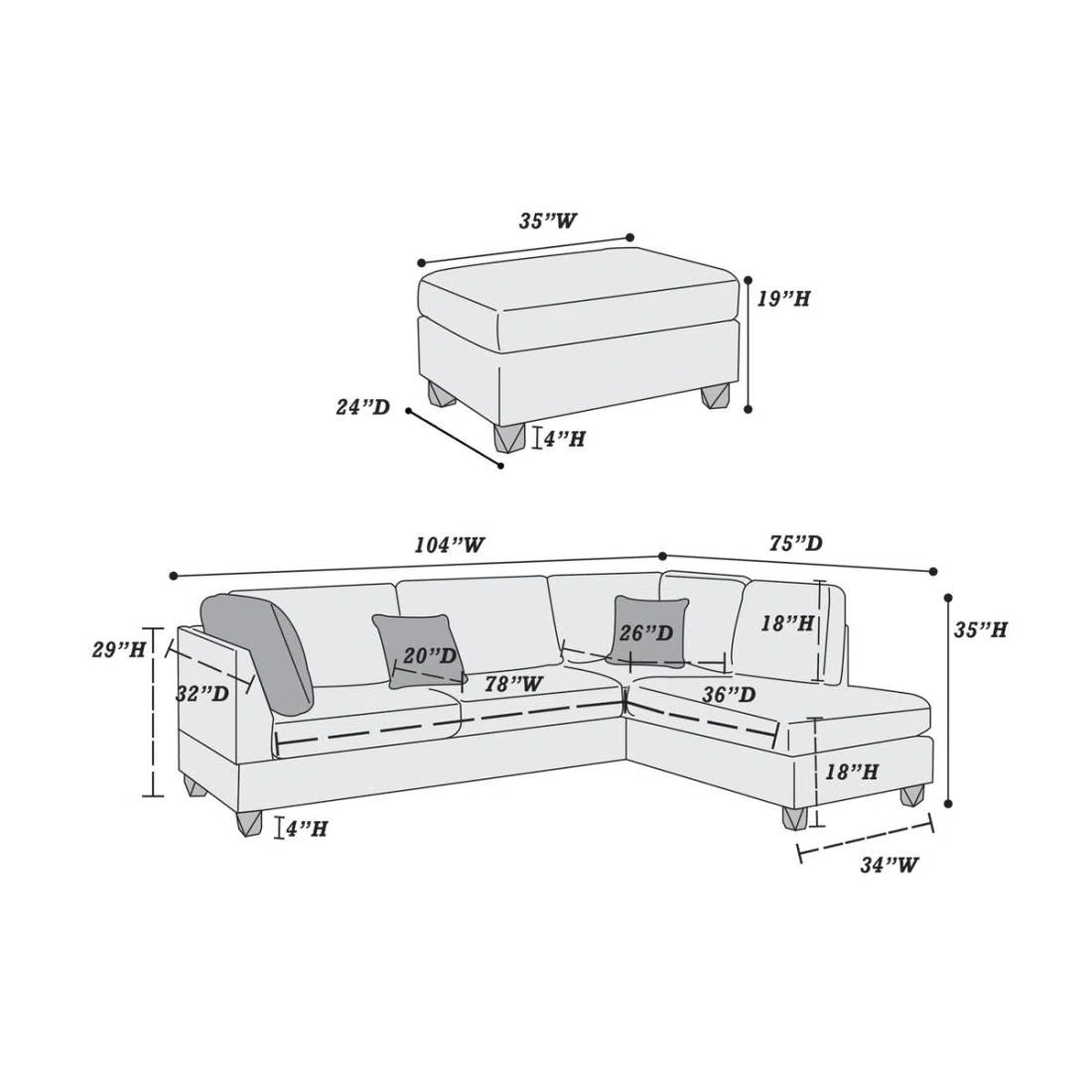 7 Seater Sofa Set: 3-Piece Modern Sectional with Reversible Chaise & Ottoman Fabric