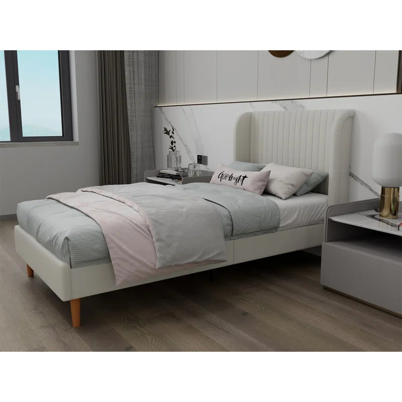 Single Bed: Upholstered Platform Bed White