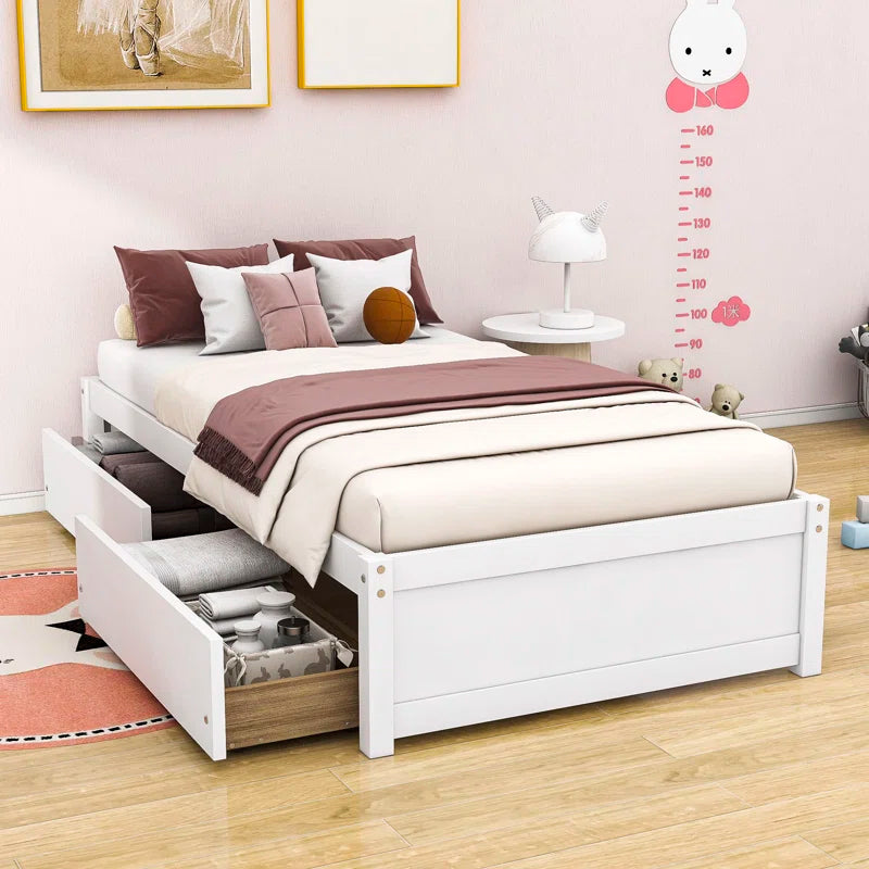 Single Bed: Wood Platform Bed with 2 Drawers