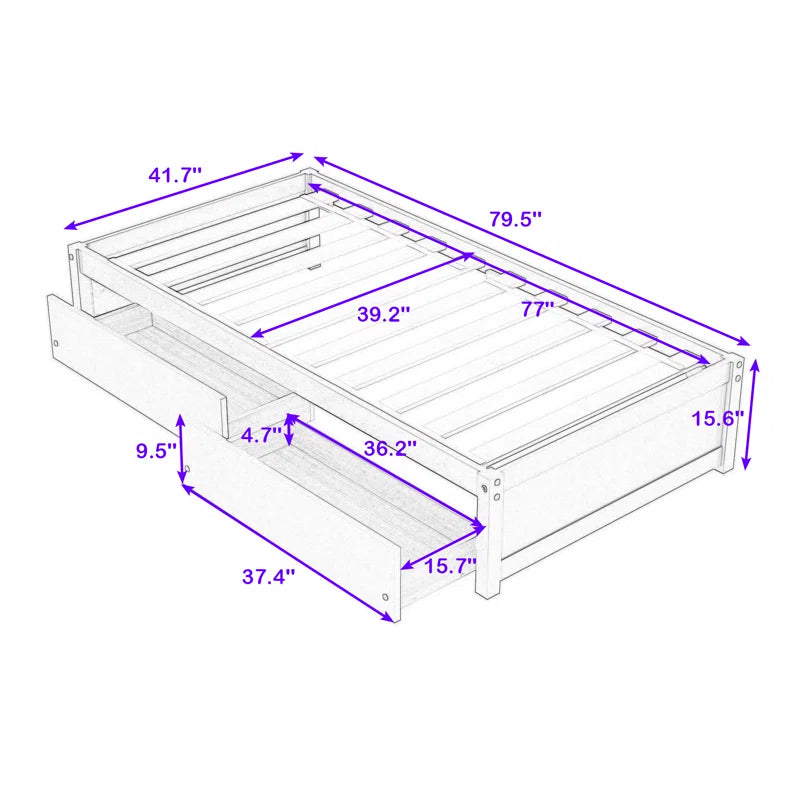 Single Bed: Wood Platform Bed with 2 Drawers