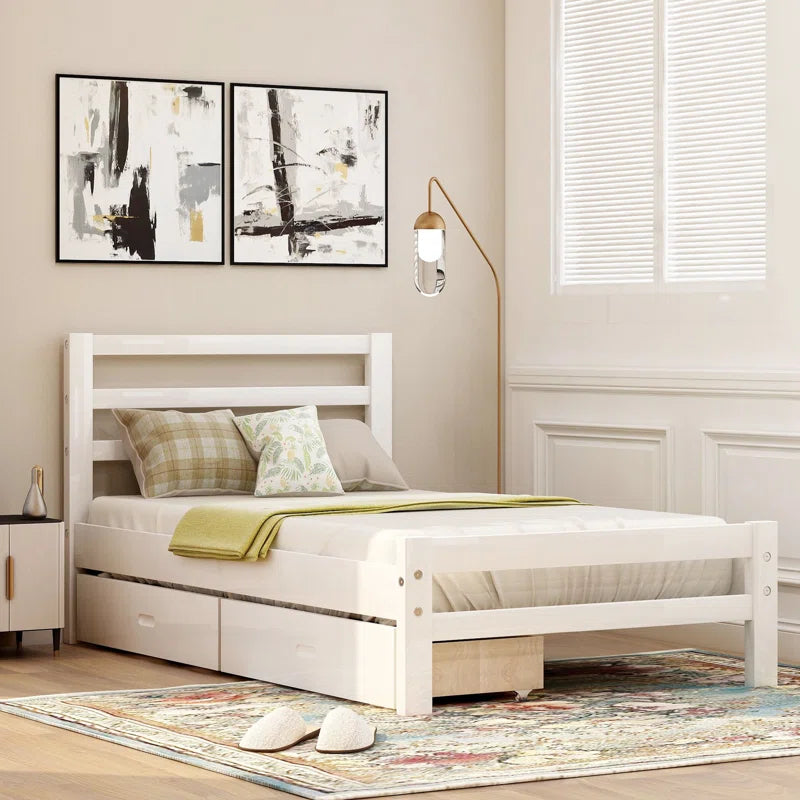 Single Bed: Wood Platform Bed with Two Drawers