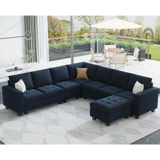 7 Seater Sofa Set: L-Shaped 7-Piece Velvet Modular Sectional with Storage for Living Room