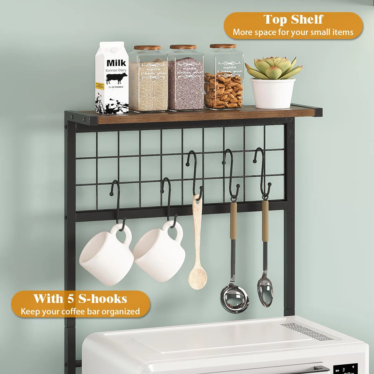 Kitchen Racks: Rustic Coffee Bar Station with Hooks, Drawers, and Open Storage Shelves