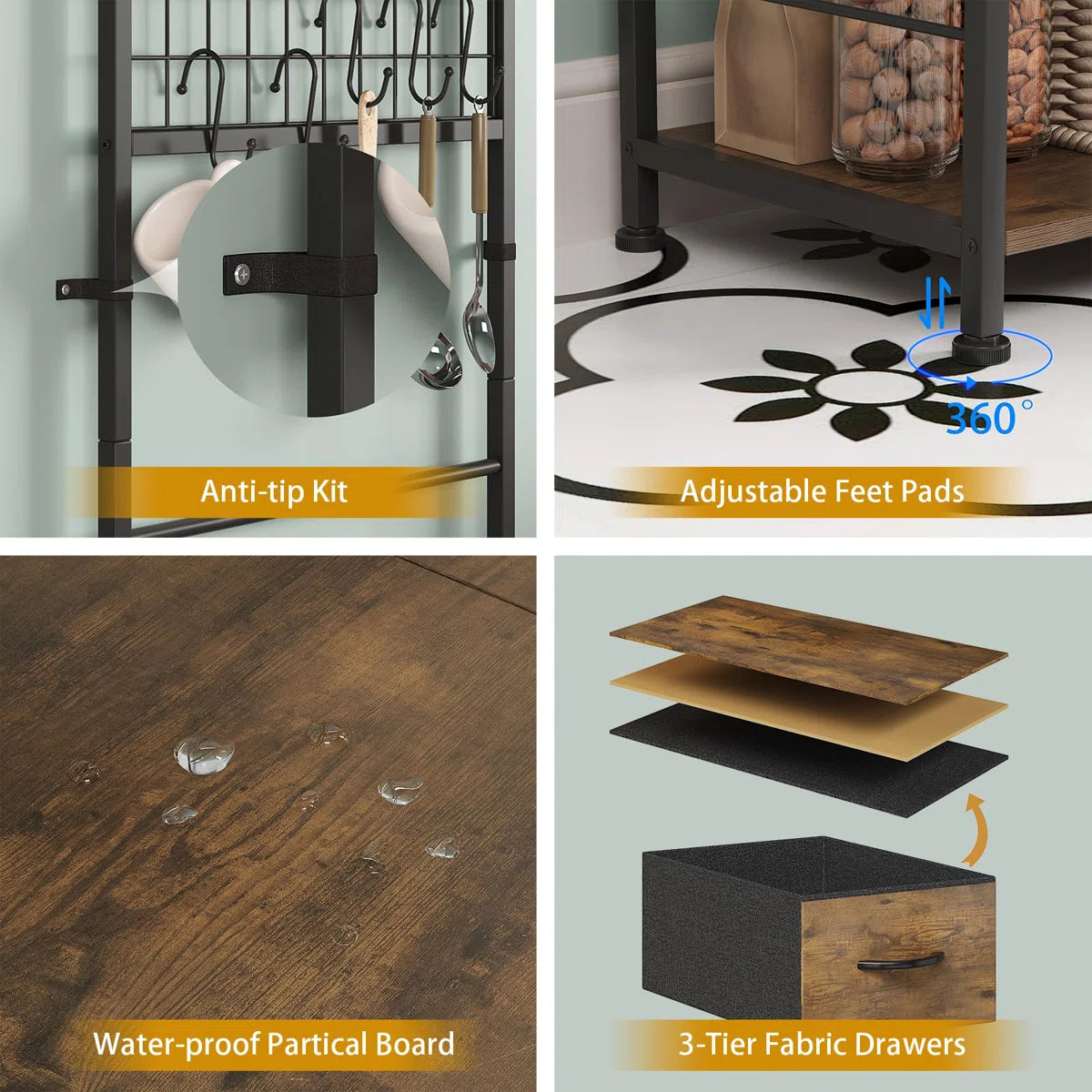 Kitchen Racks: Rustic Coffee Bar Station with Hooks, Drawers, and Open Storage Shelves