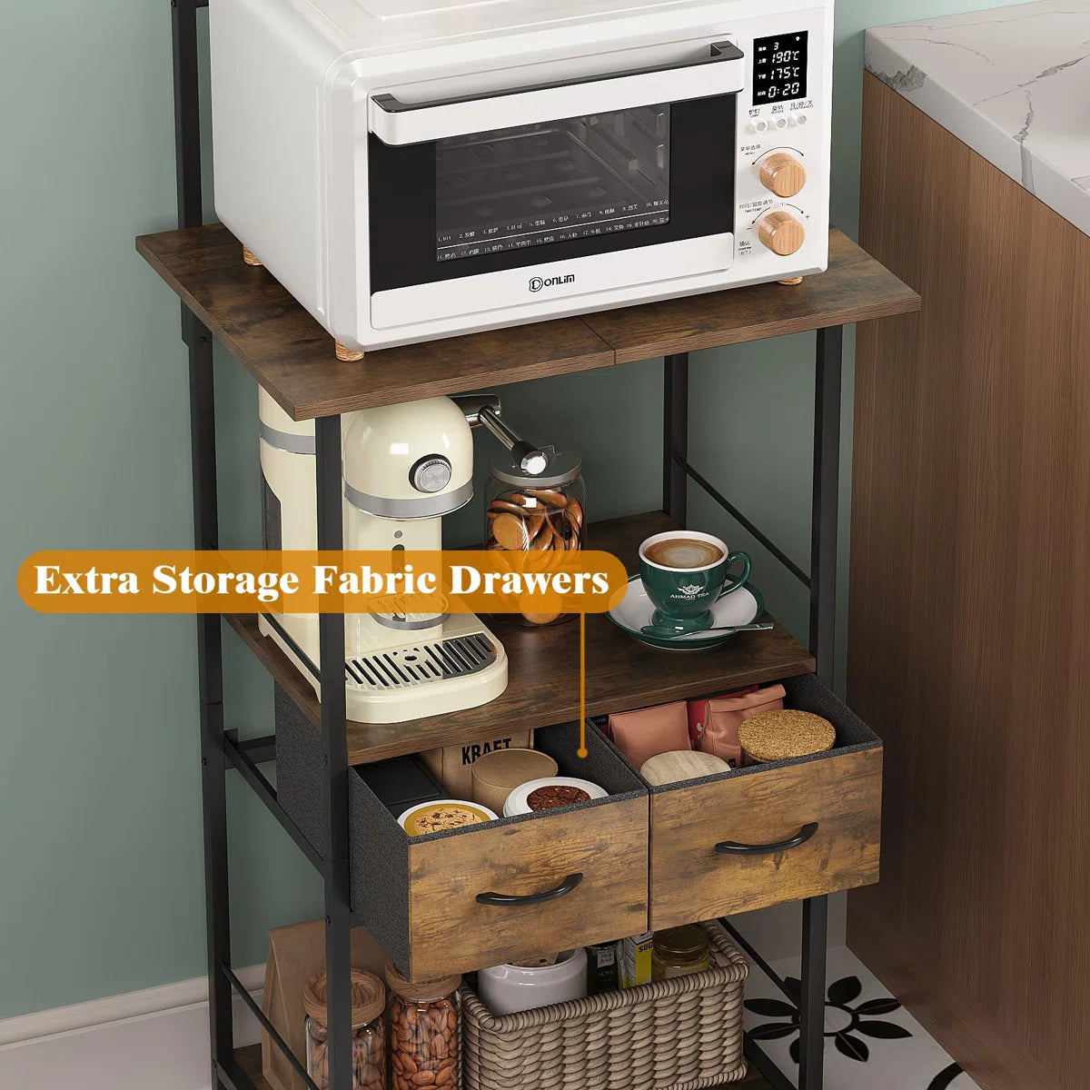 Kitchen Racks: Rustic Coffee Bar Station with Hooks, Drawers, and Open Storage Shelves