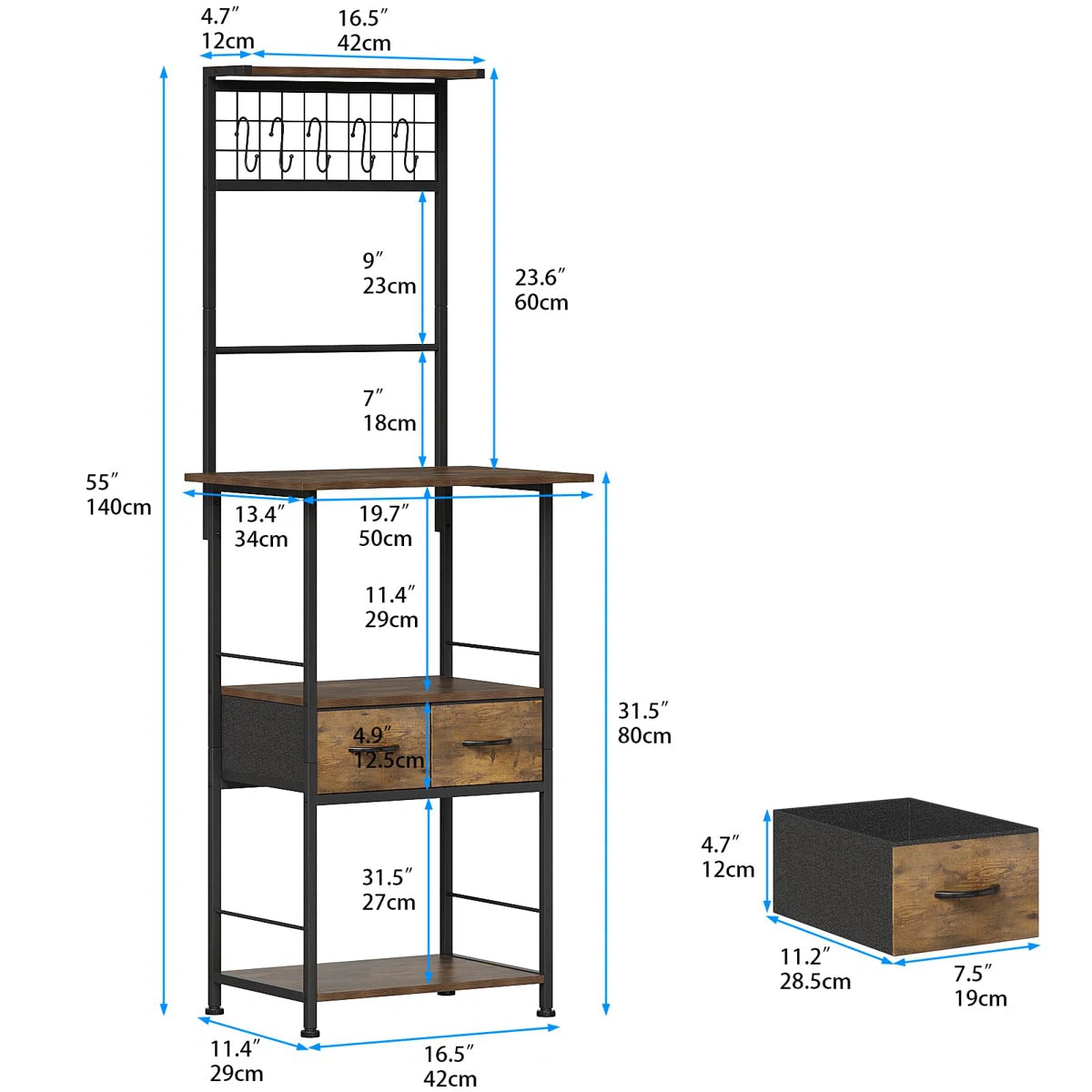 Kitchen Racks: Rustic Coffee Bar Station with Hooks, Drawers, and Open Storage Shelves