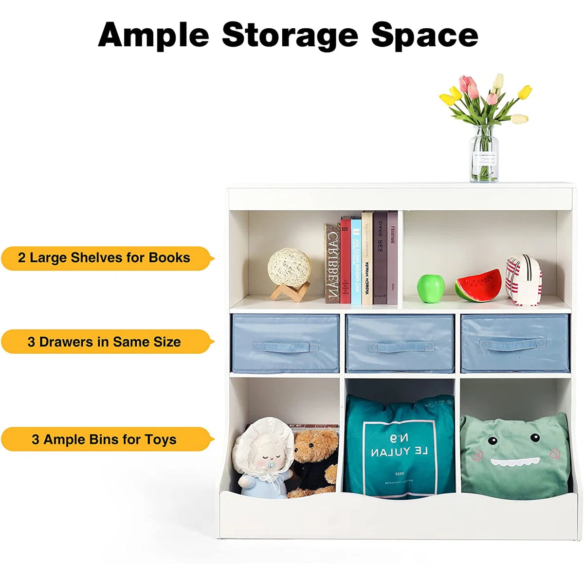 Kids Toy Storage Unit: 5-Compartment Organiser with Drawers – White Particleboard