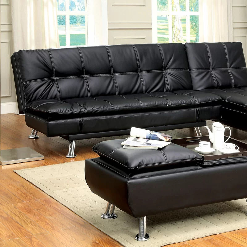 Sofa Bed: Black Leather Sectional L Shape Sofa Cum Bed(Set)
