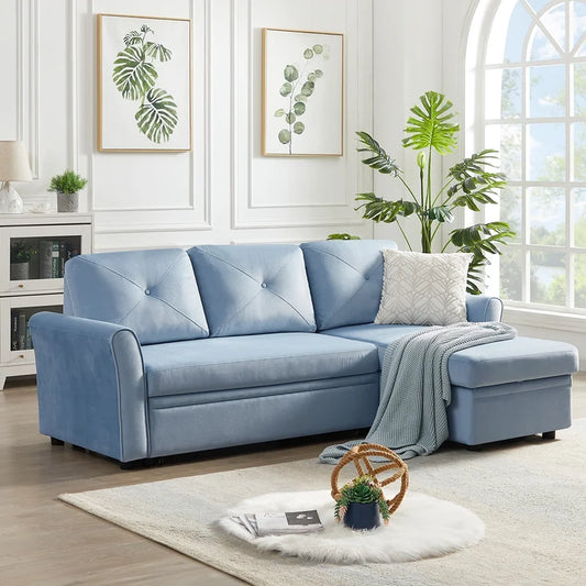 Sofa Bed: Upholstered Sectional L Shape Sofa Cum Bed Blue