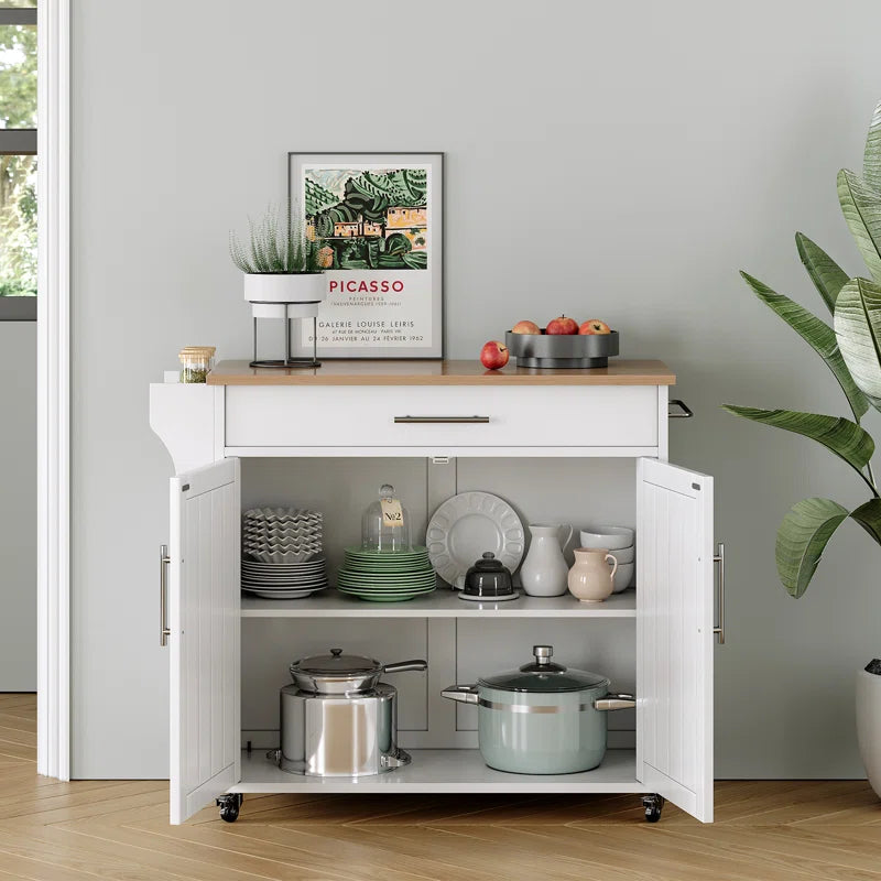Kitchen Island Table with Cabinets, Drawer, and Rolling Wheels – White & Brown Finish