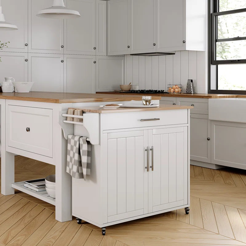Kitchen Island Table with Cabinets, Drawer, and Rolling Wheels – White & Brown Finish