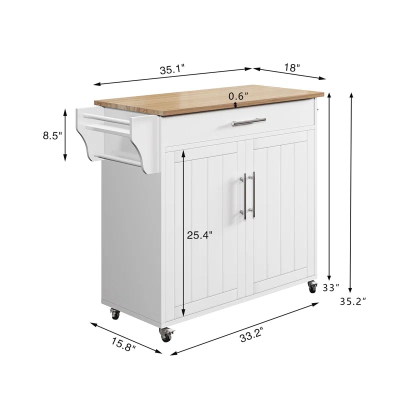 Kitchen Island Table with Cabinets, Drawer, and Rolling Wheels – White & Brown Finish