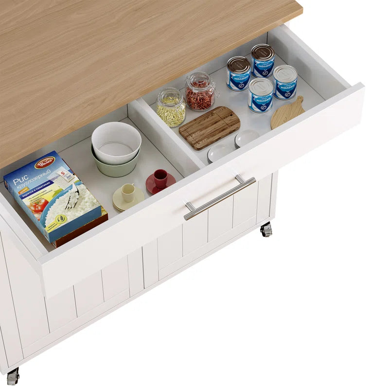 Kitchen Island Table with Cabinets, Drawer, and Rolling Wheels – White & Brown Finish