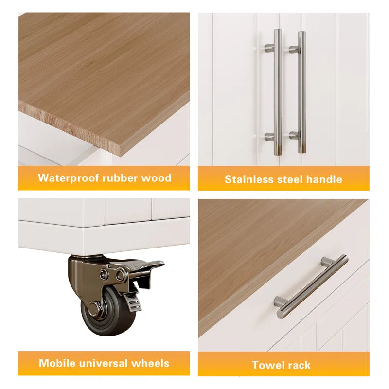 Kitchen Island Table with Cabinets, Drawer, and Rolling Wheels – White & Brown Finish