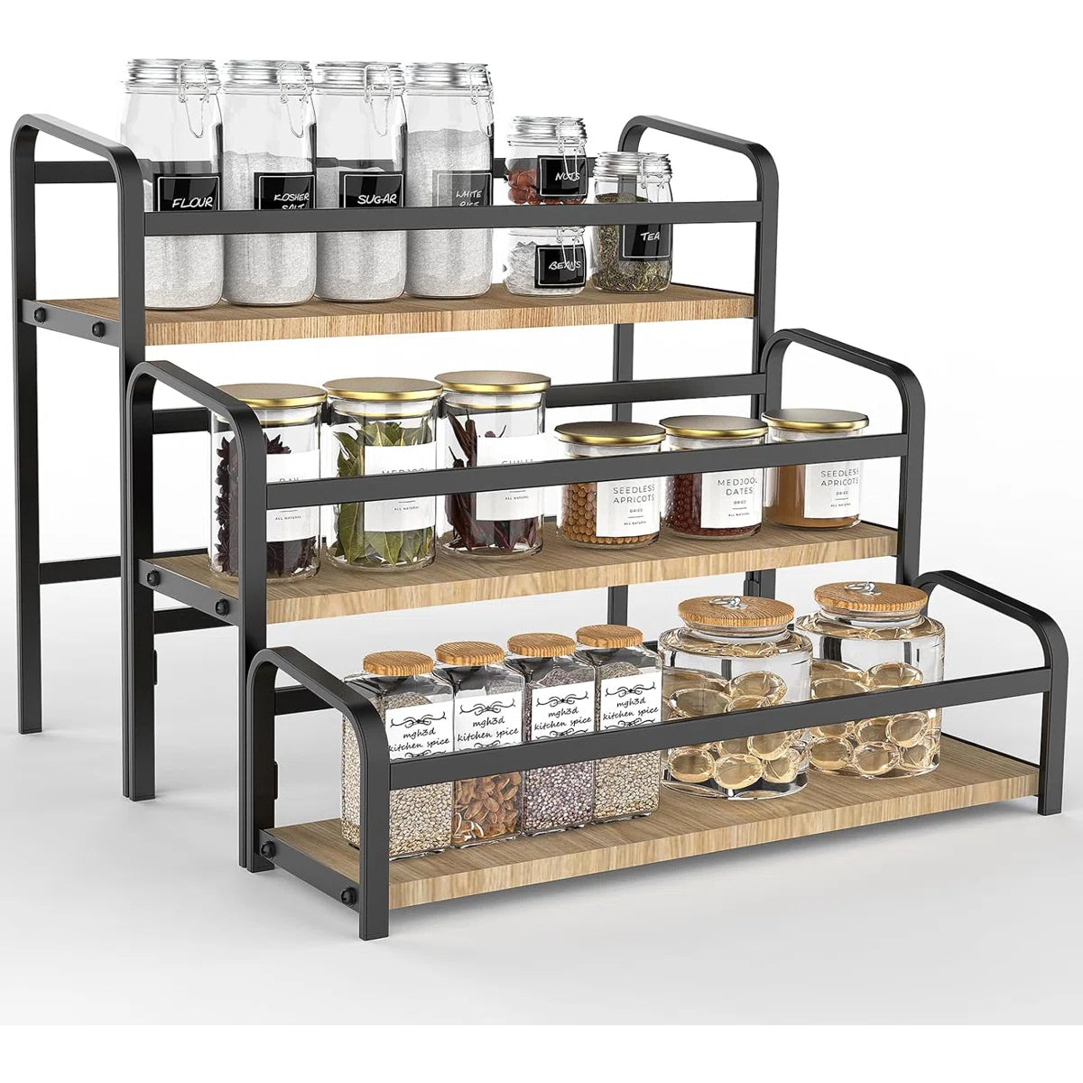 Kitchen Racks: 3-Tier Countertop Spice Rack with Wood and Metal Frame