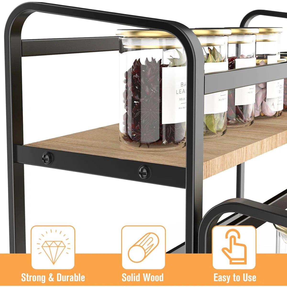 Kitchen Racks: 3-Tier Countertop Spice Rack with Wood and Metal Frame