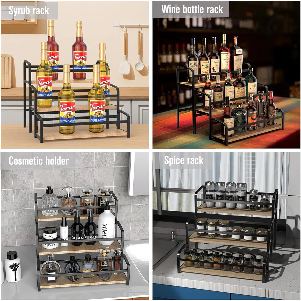 Kitchen Racks: 3-Tier Countertop Spice Rack with Wood and Metal Frame