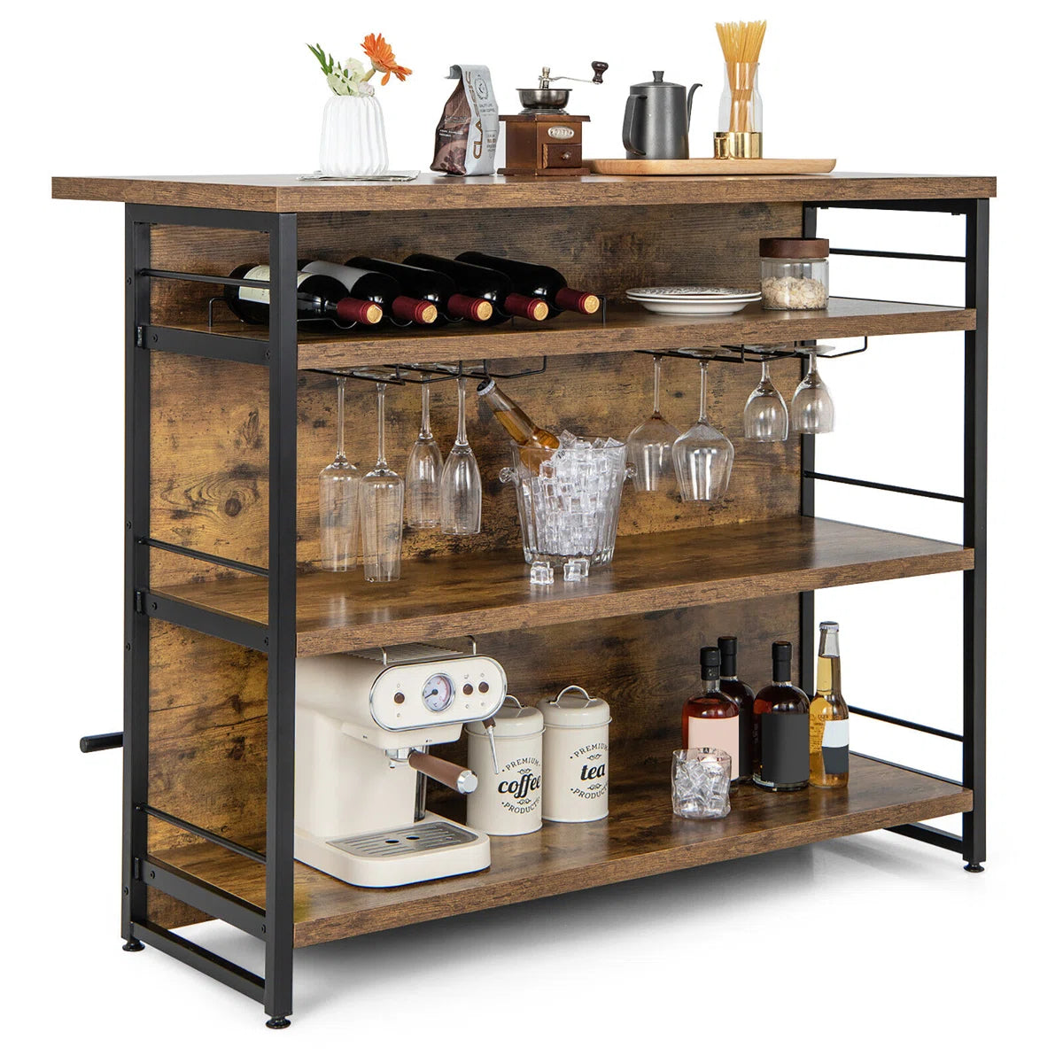 Kitchen Island Table: 47'' Industrial Mini Bar Table with Wine Rack, Glass Holders & 4-Tier Storage,