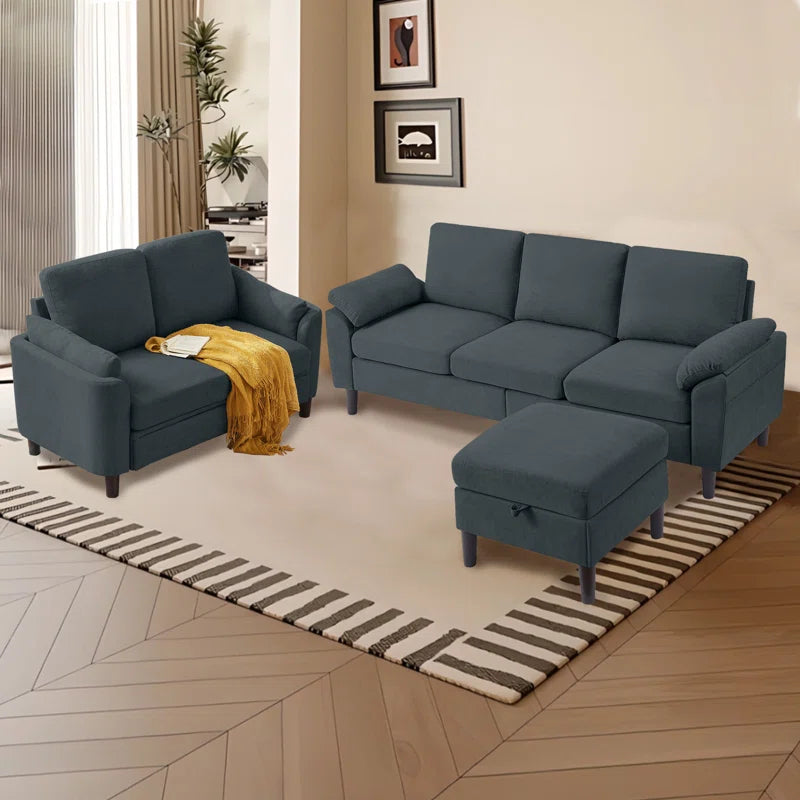 Luxury Sofa Sets: 3-Piece Sectional Sofa Set with Ottoman & Toss Pillows in Polyester Blend Upholstery
