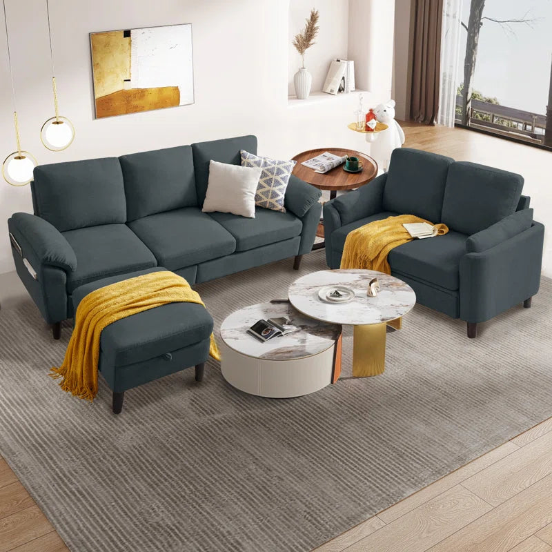 Luxury Sofa Sets: 3-Piece Sectional Sofa Set with Ottoman & Toss Pillows in Polyester Blend Upholstery