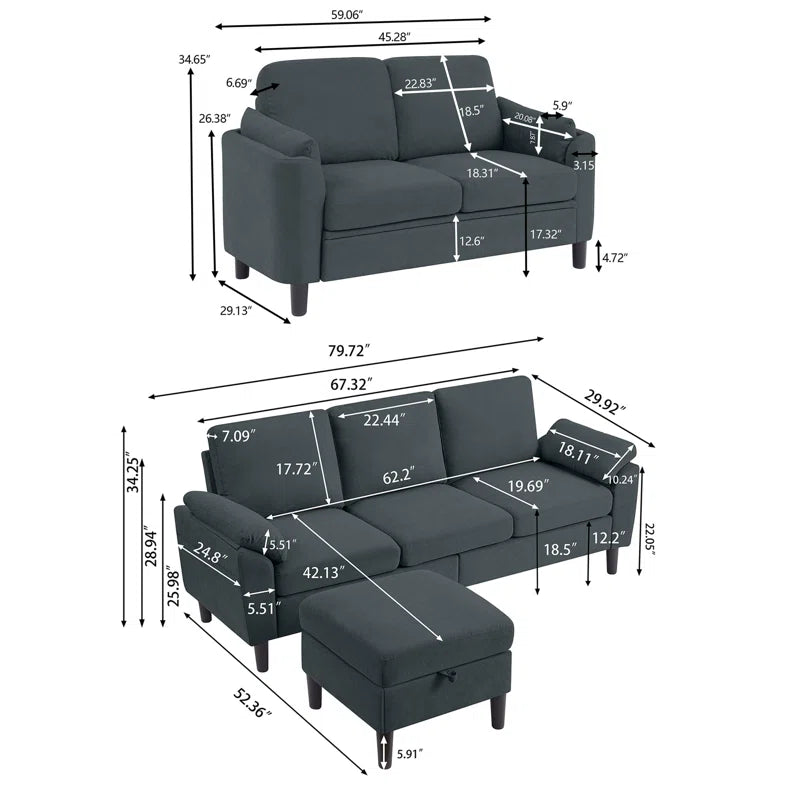 Luxury Sofa Sets: 3-Piece Sectional Sofa Set with Ottoman & Toss Pillows in Polyester Blend Upholstery