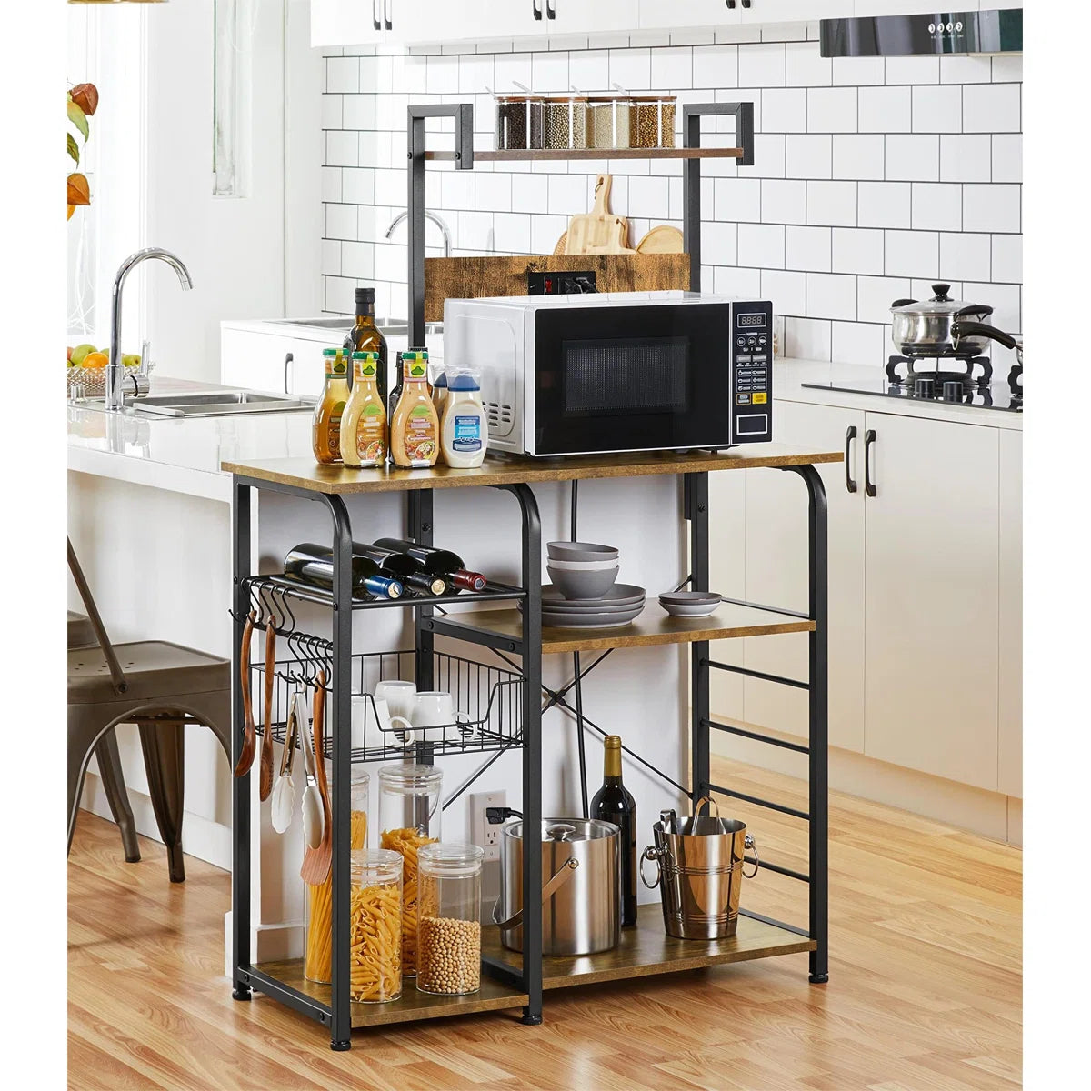 Kitchen Racks: 35.5" iron baker’s rack with microwave compatibility and sturdy design