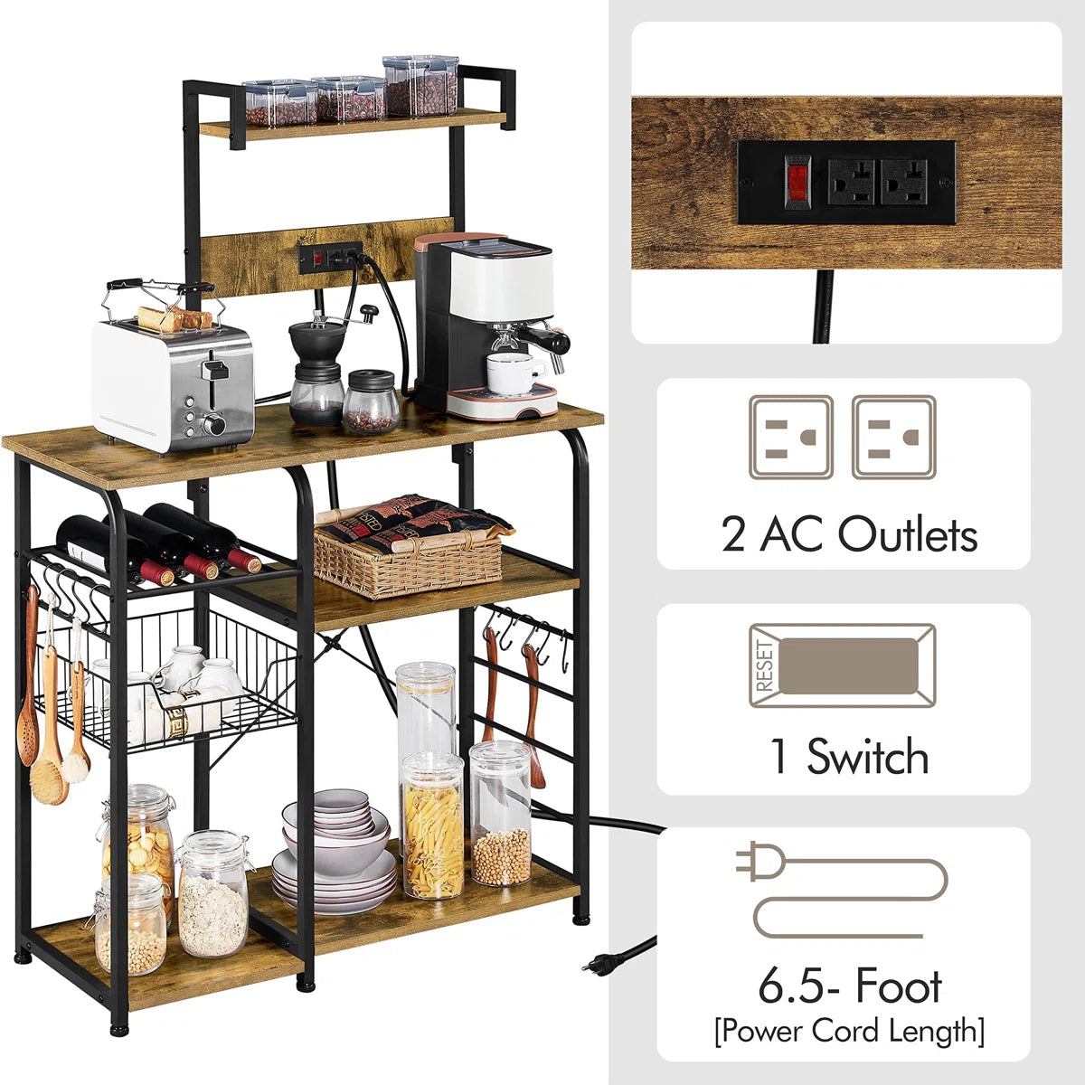 Kitchen Racks: 35.5" iron baker’s rack with microwave compatibility and sturdy design