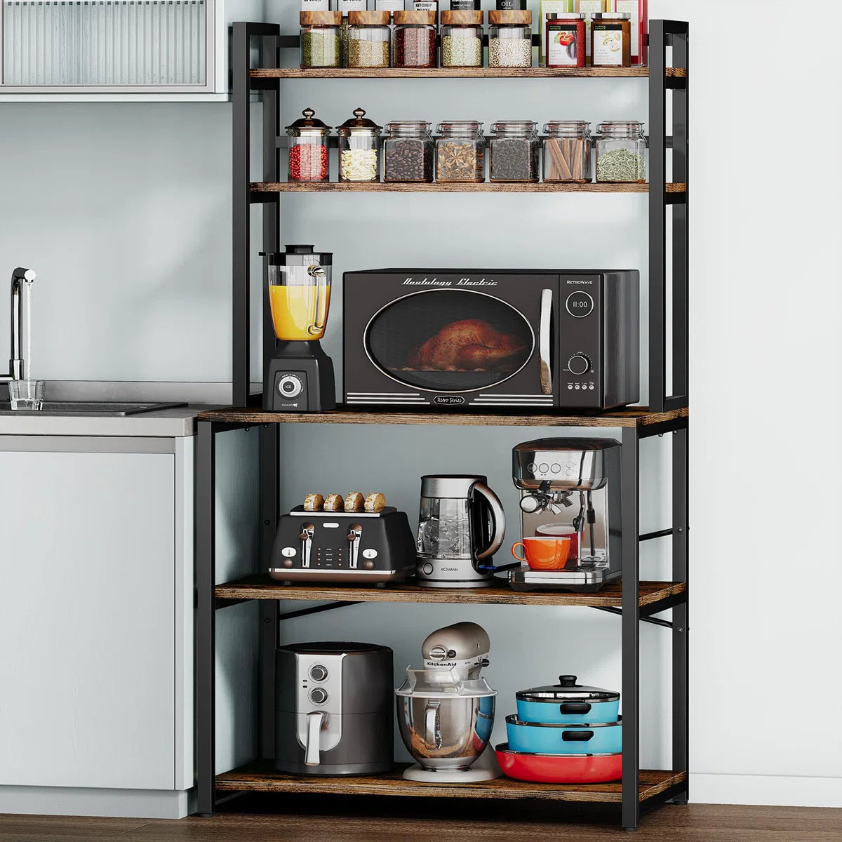 Kitchen Racks: 31.5" steel baker’s rack with microwave shelf, ideal for compact kitchen storage