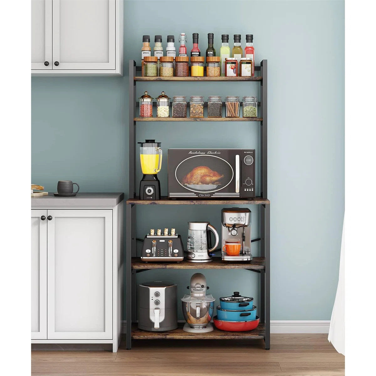Kitchen Racks: 31.5" steel baker’s rack with microwave shelf, ideal for compact kitchen storage
