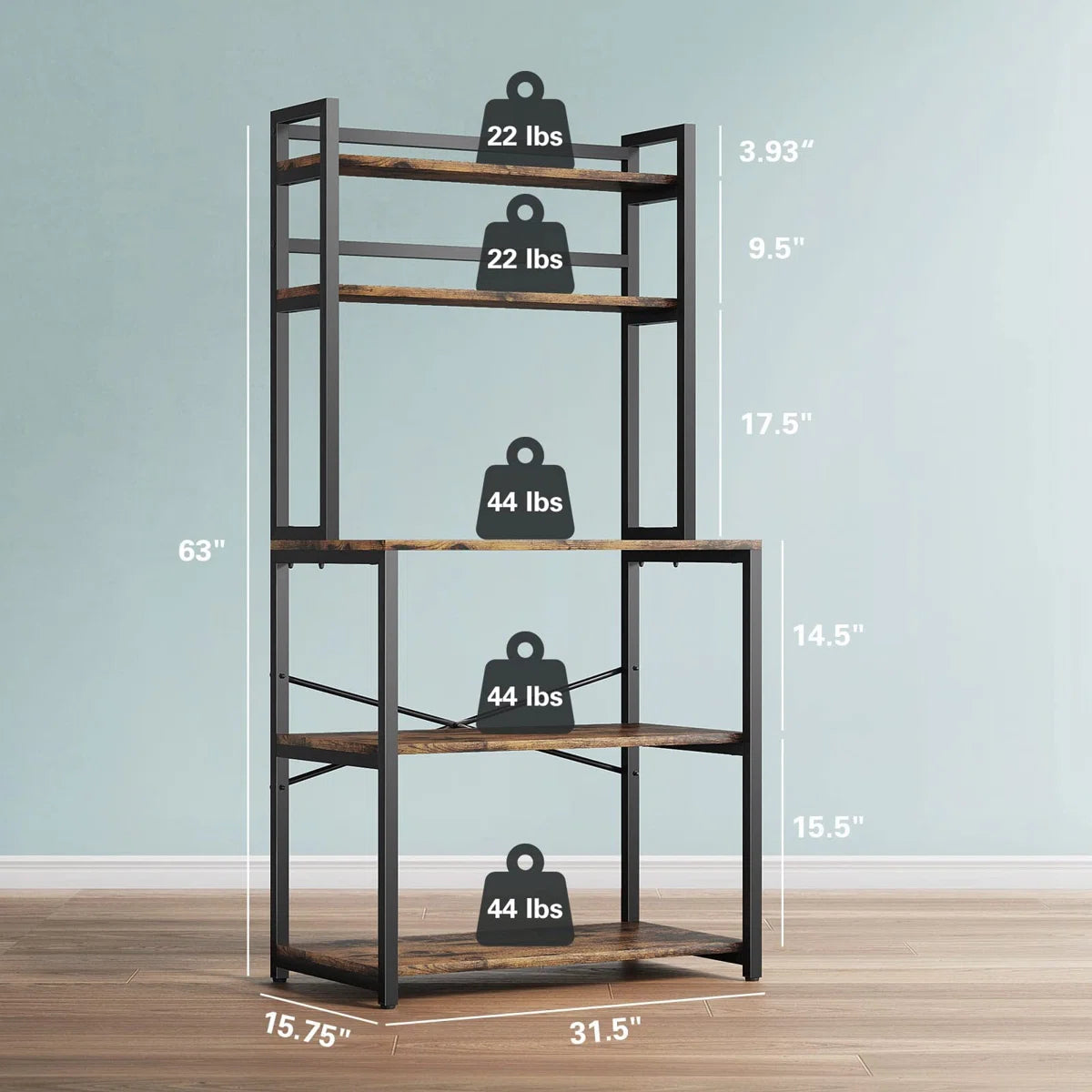 Kitchen Racks: 31.5" steel baker’s rack with microwave shelf, ideal for compact kitchen storage