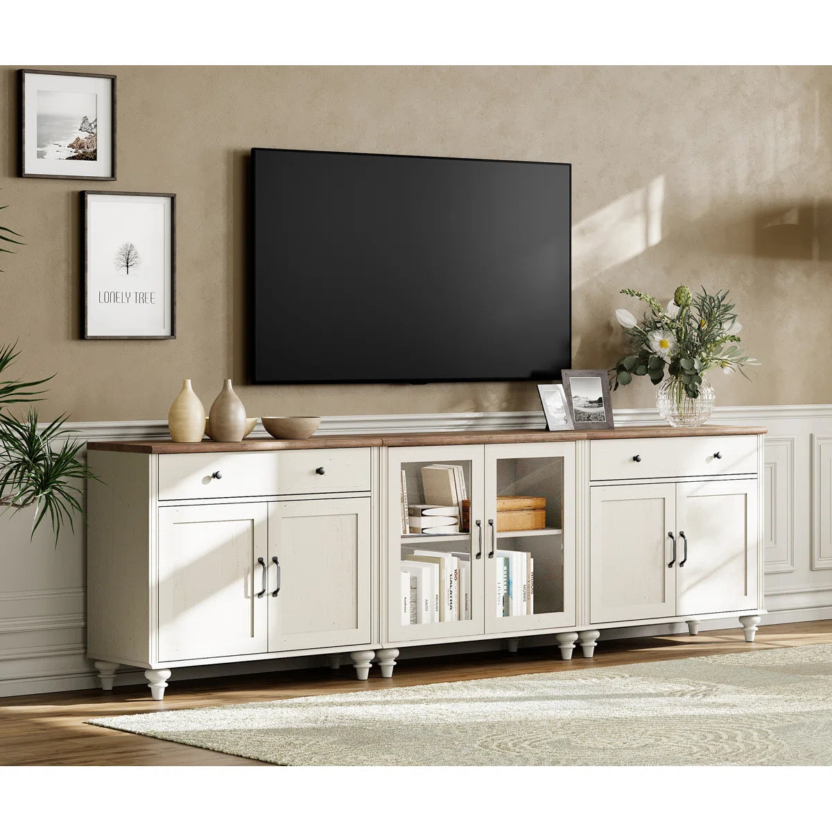 tv panel: 3-in-1 TV stand fits 75–90" TVs, with glass and wood doors, Kitchen Sideboard Buffet Cabinet For Dining Room