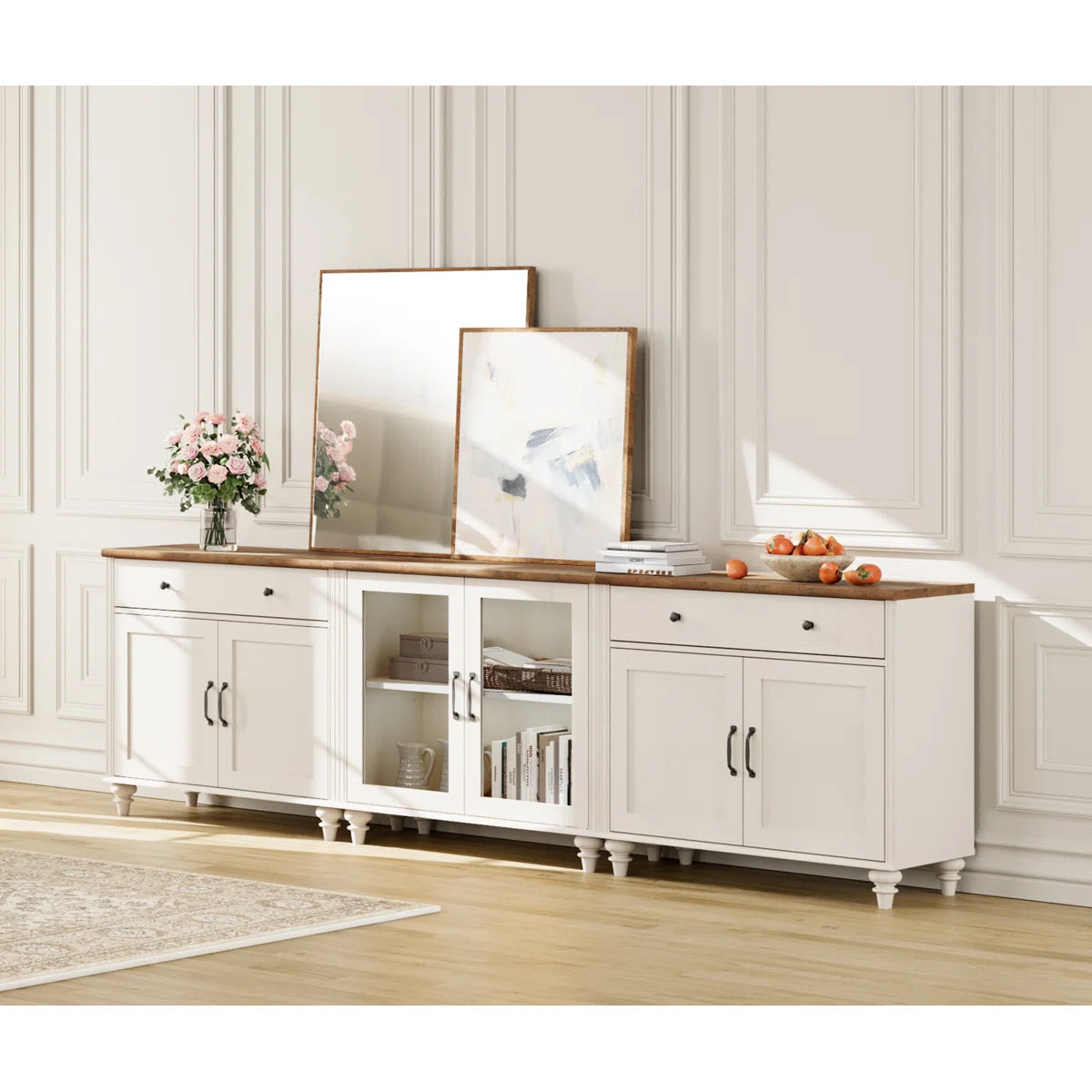 tv panel: 3-in-1 TV stand fits 75–90" TVs, with glass and wood doors, Kitchen Sideboard Buffet Cabinet For Dining Room