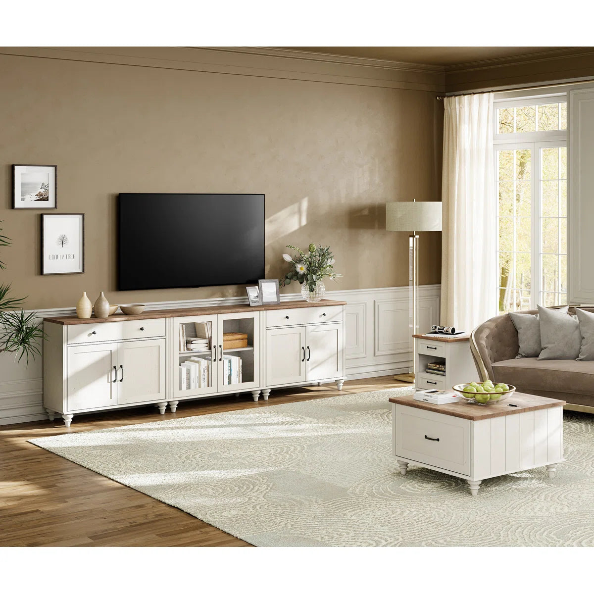 tv panel: 3-in-1 TV stand fits 75–90" TVs, with glass and wood doors, Kitchen Sideboard Buffet Cabinet For Dining Room