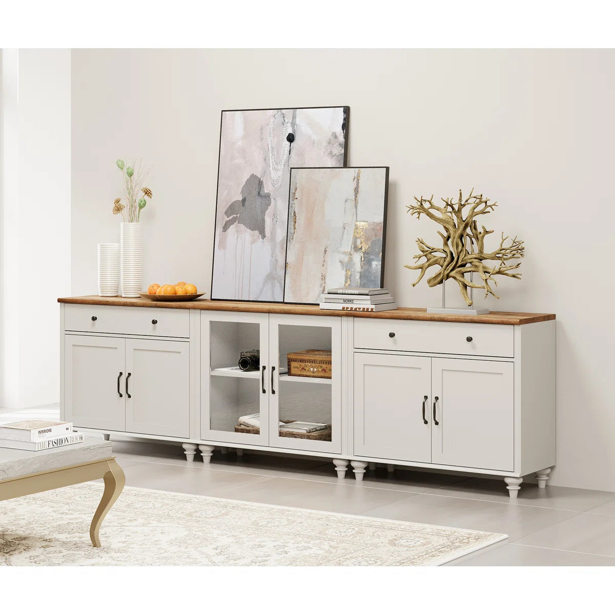 tv panel: 3-in-1 TV stand fits 75–90" TVs, with glass and wood doors, Kitchen Sideboard Buffet Cabinet For Dining Room