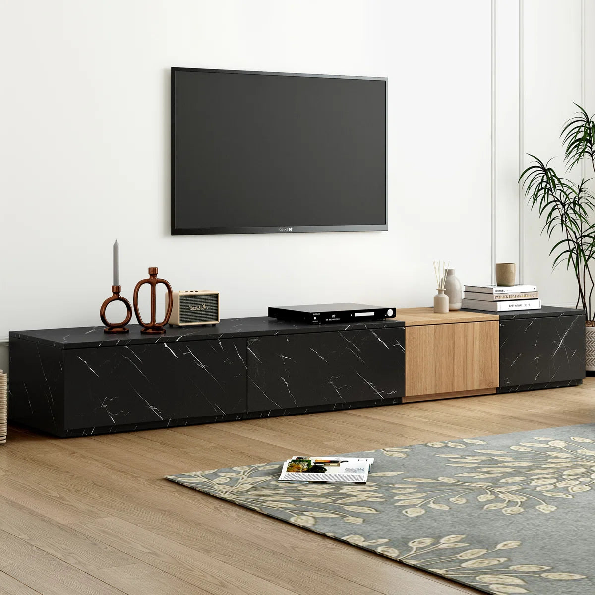 tv panel: Modern tv panel with Wood Grain Finish and 4 Drawers, Fits Up to 88" TVs
