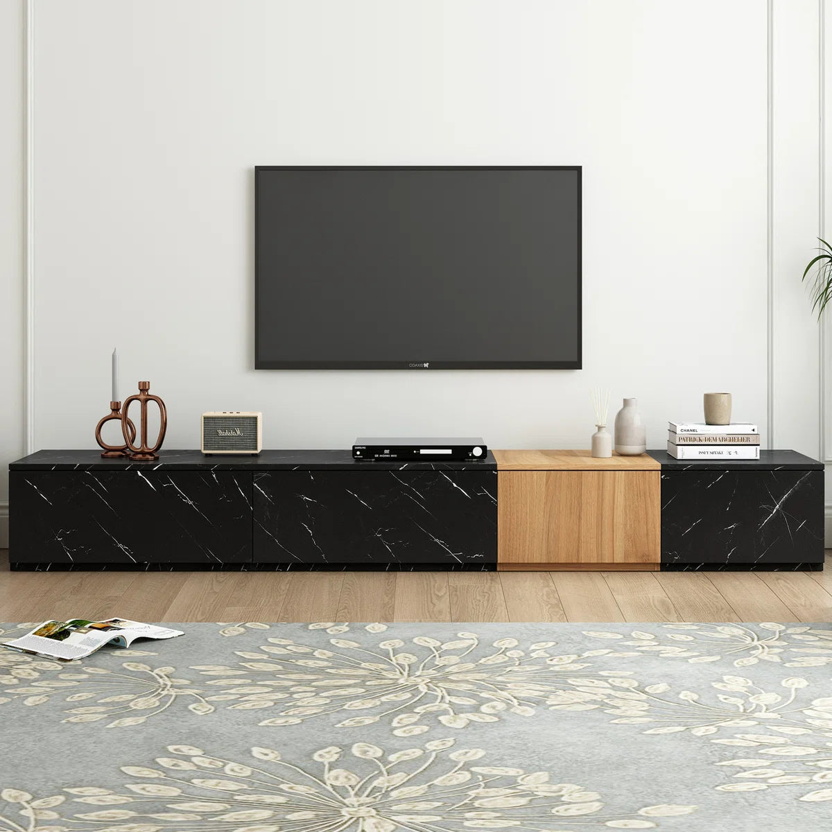 tv panel: Modern tv panel with Wood Grain Finish and 4 Drawers, Fits Up to 88" TVs